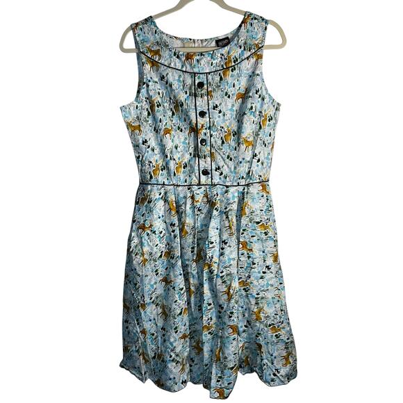 Retroliscious Deer Print Fit & Flare Sleeveless Dress XL Woodland Forest Animal - Picture 1 of 8